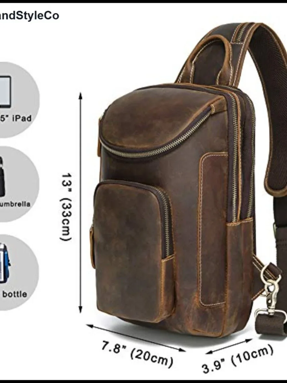 Vintage Full Grain Leather Sling Bag Crossbody Chest Daypack Hiking Travel Work